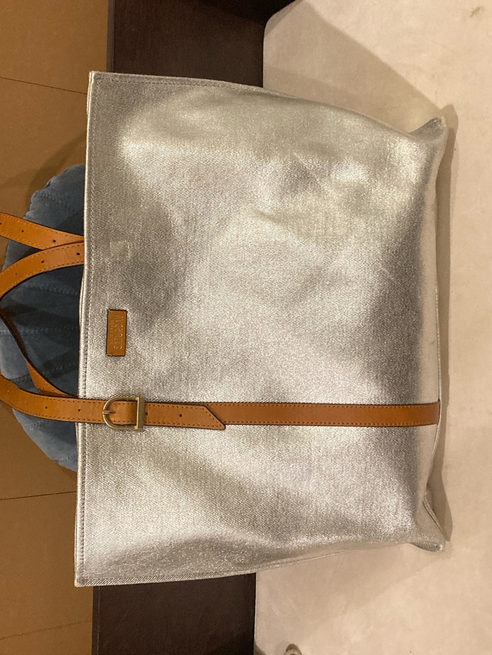 Kate Spade Saturday Metallic Silver Tote Bag with Tan Trim